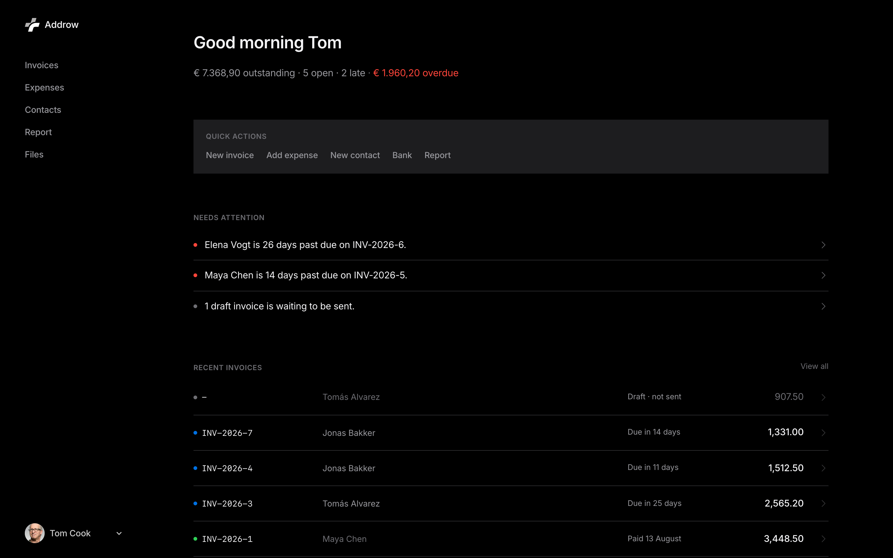 Addrow dashboard with open invoices, overdue items, and recent activity