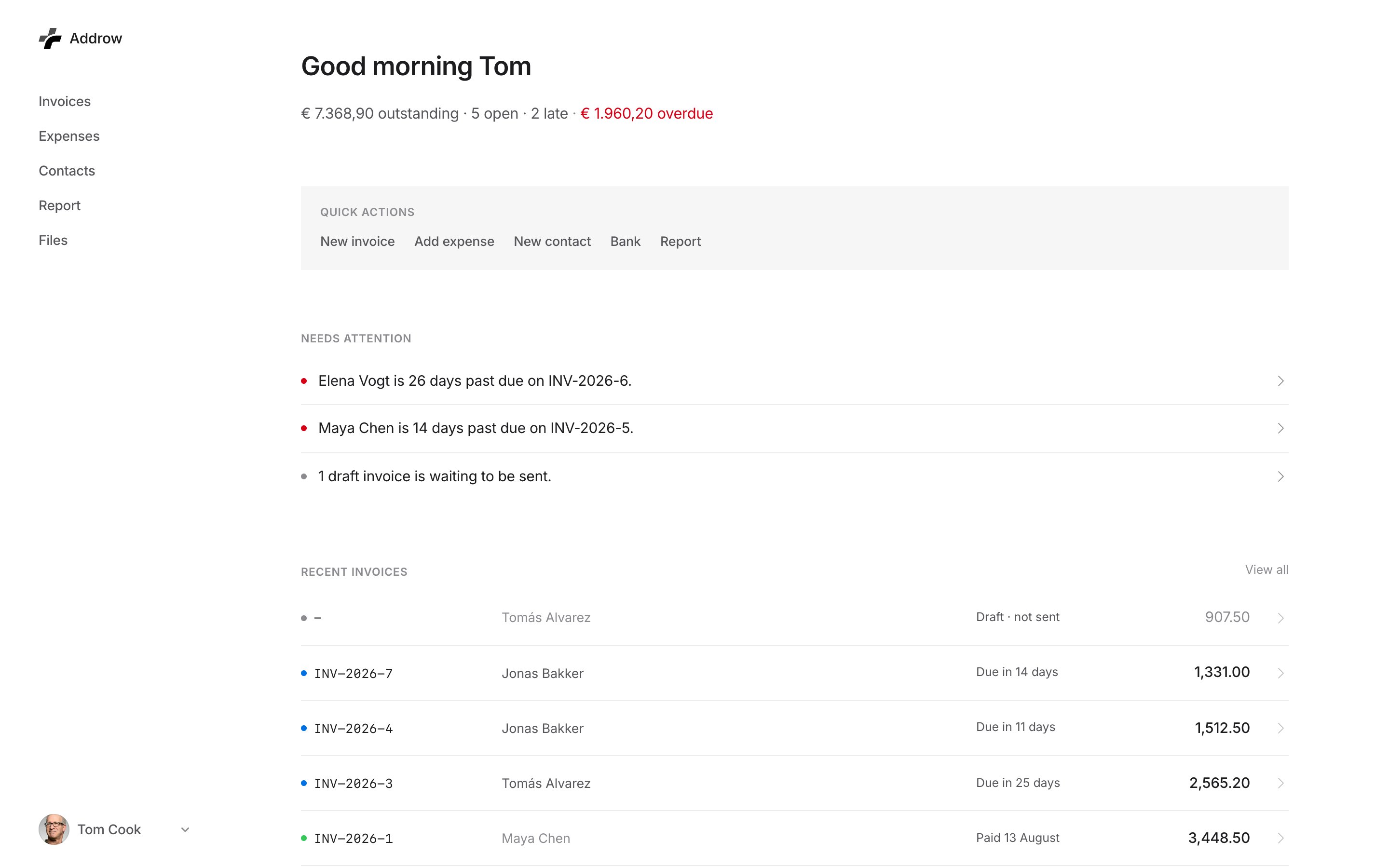 Addrow dashboard with open invoices, overdue items, and recent activity